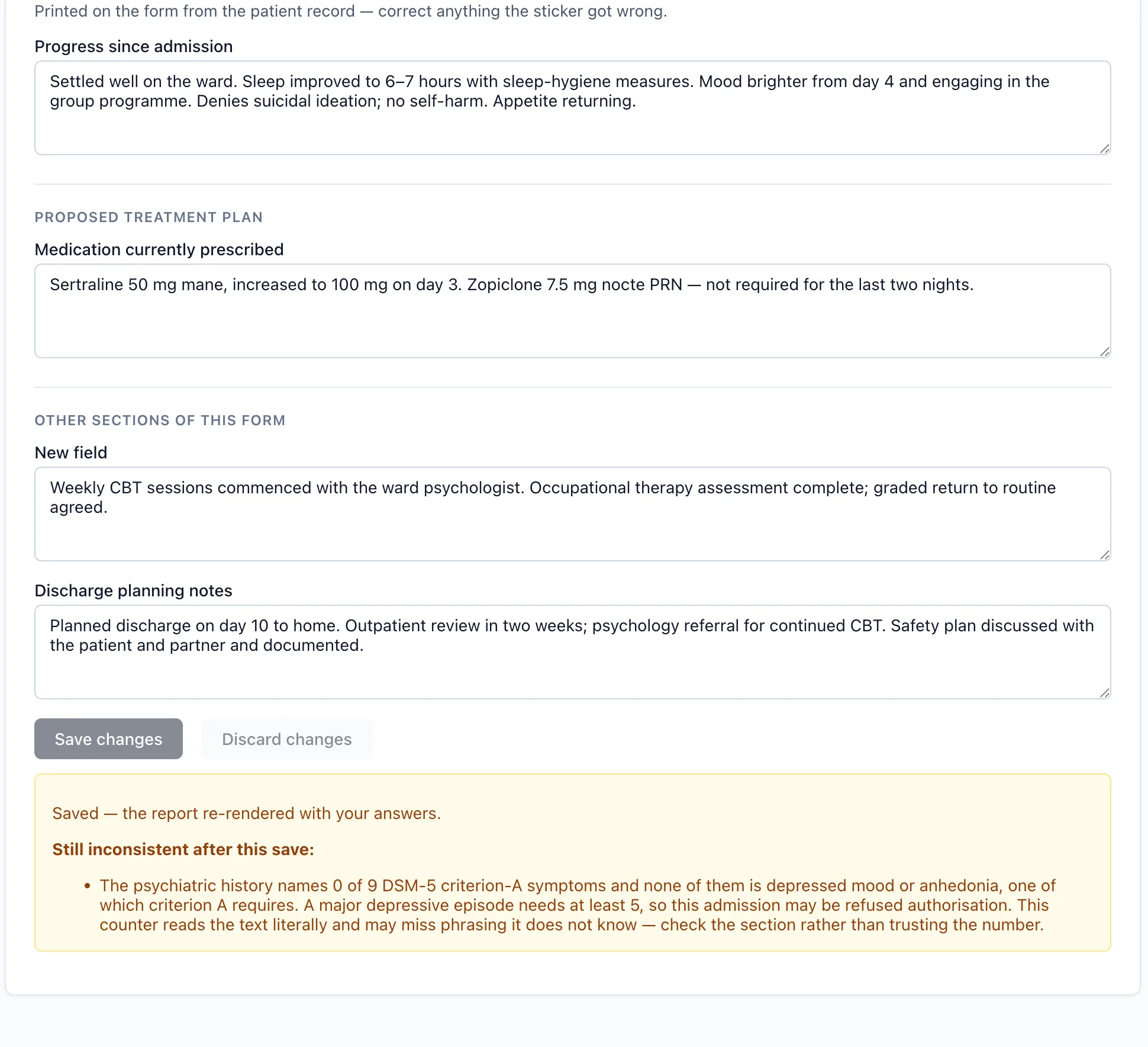 ATTEND report screen for a fictional patient: editable clinical fields, and a consistency warning that the psychiatric history names none of the DSM-5 criterion-A symptoms