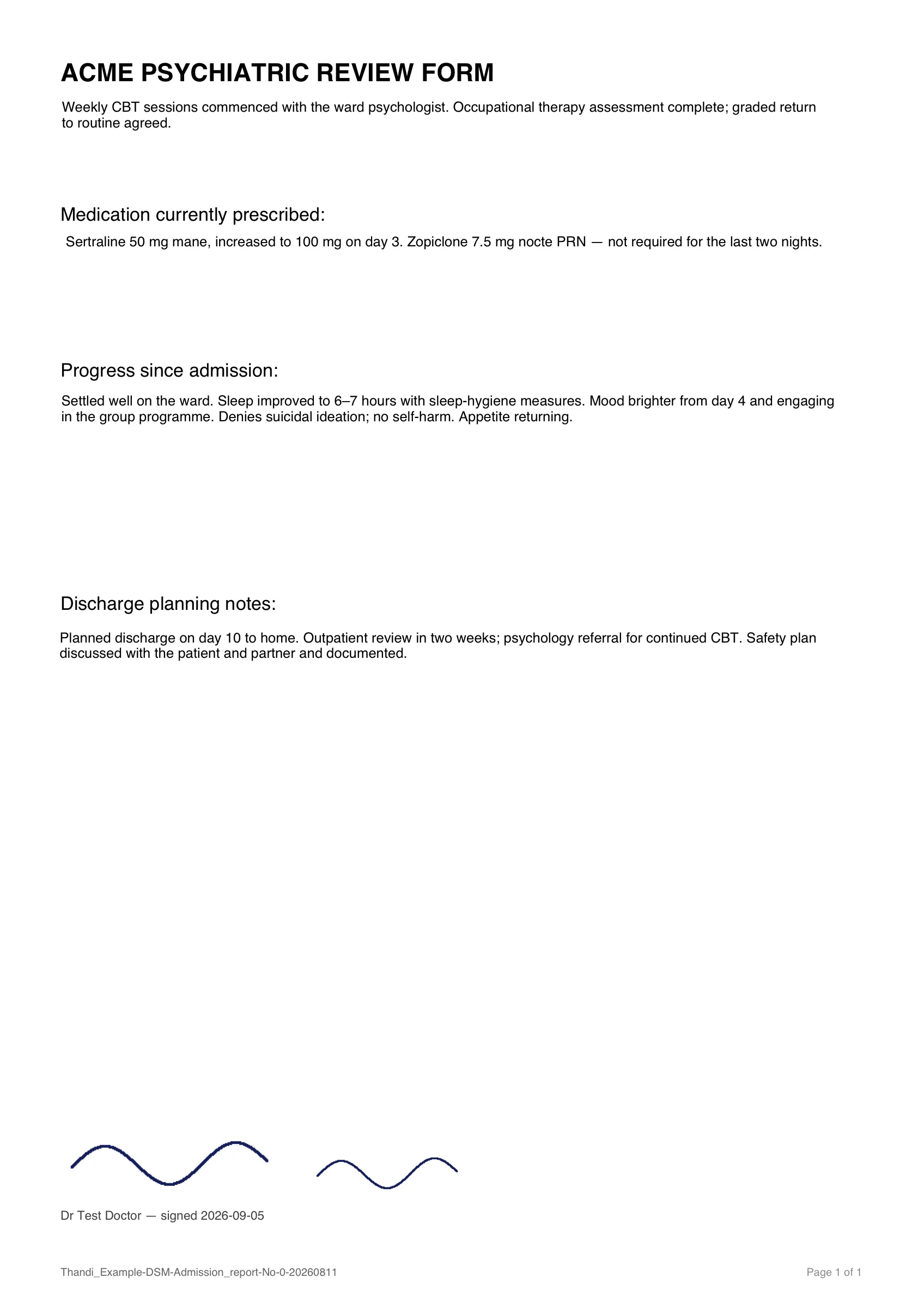 The signed report page: the completed form, the doctor's signature and name with the signing date, and the unique report identifier in the footer