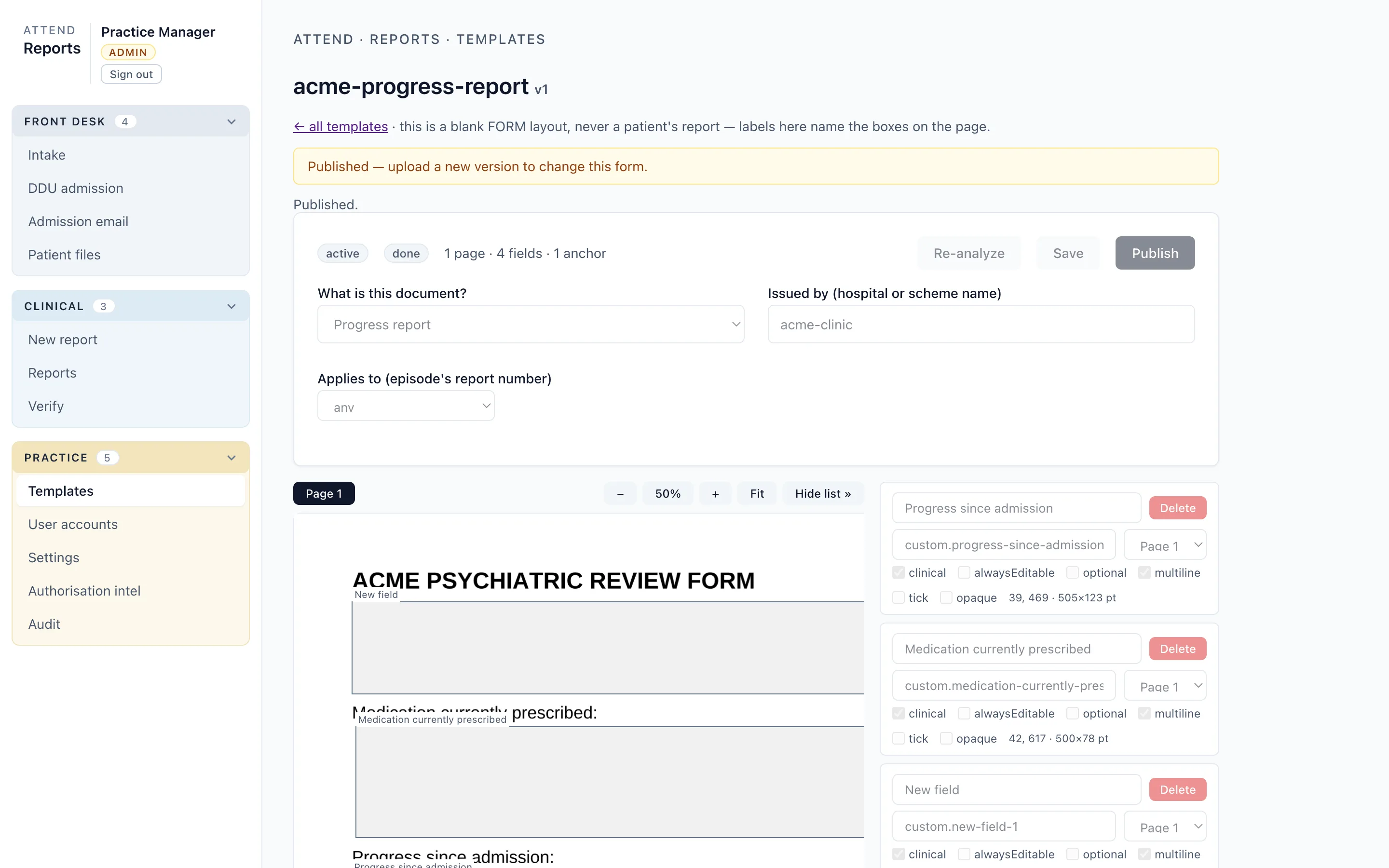 ATTEND template editor: a blank fictional review form with detected field boxes drawn on the page and their labels listed beside it